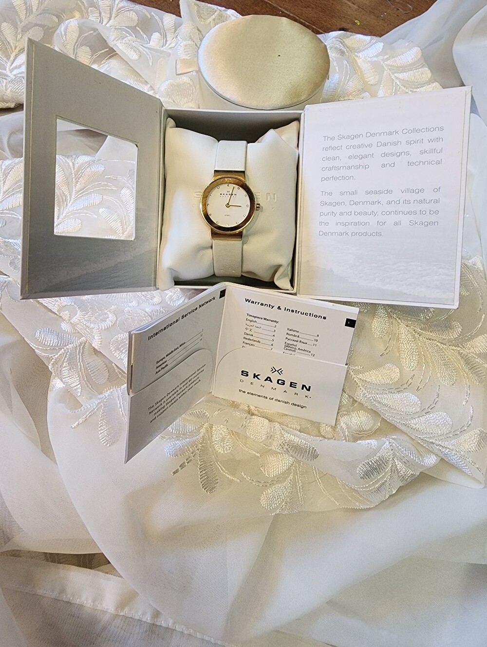 Genuine Skagen Gold and White Leather Women's Watch with Original Box